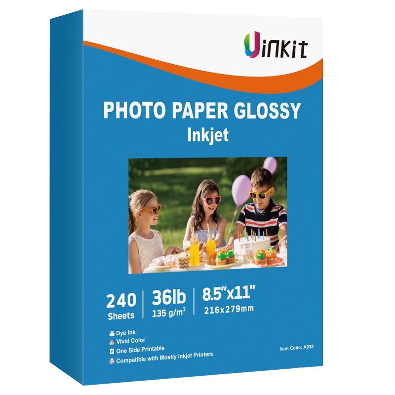 Uinkit 37lb Thin Flyer Paper Glossy 8.5x11 Inkjet 240 sheets Single Side DIY Chip Bag 135gsm Photos Picture for Inkjet Printer with Dye Ink Printer Letter size A4 Brochure - Image 1